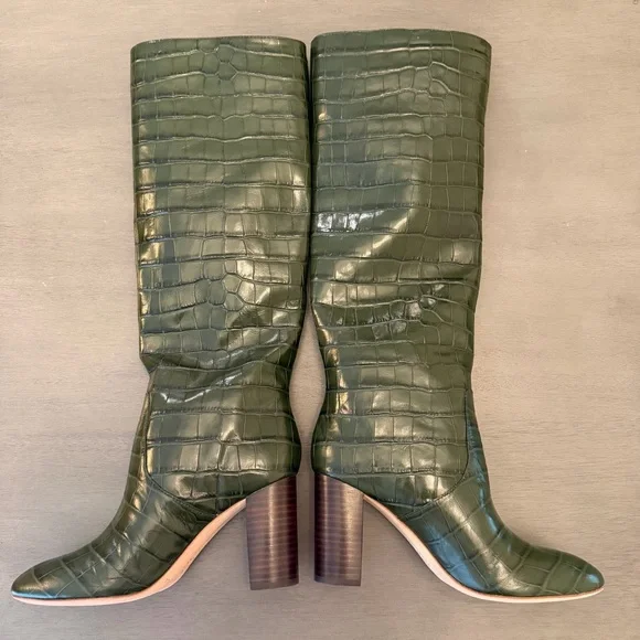 Loeffler Randall Tall Goldy Leather Croc Forest Green Heel Knee Boot Pull On 6 - Picture 14 of 14